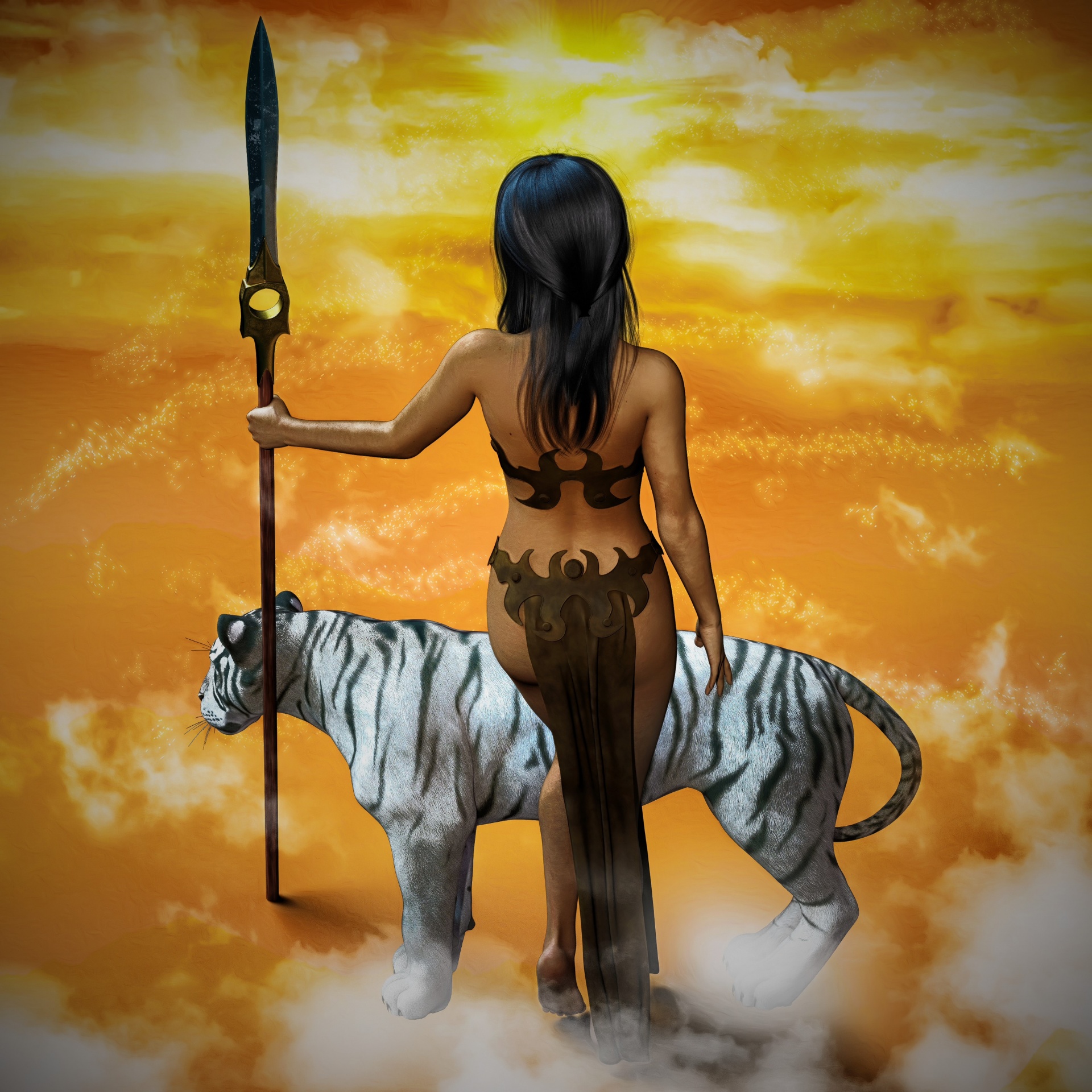 Woman riding tiger with spear