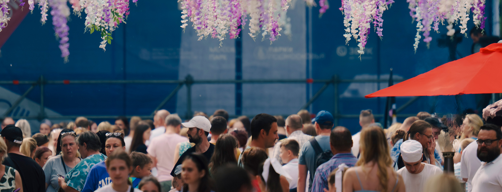 People gather under hanging purple and white flowers.