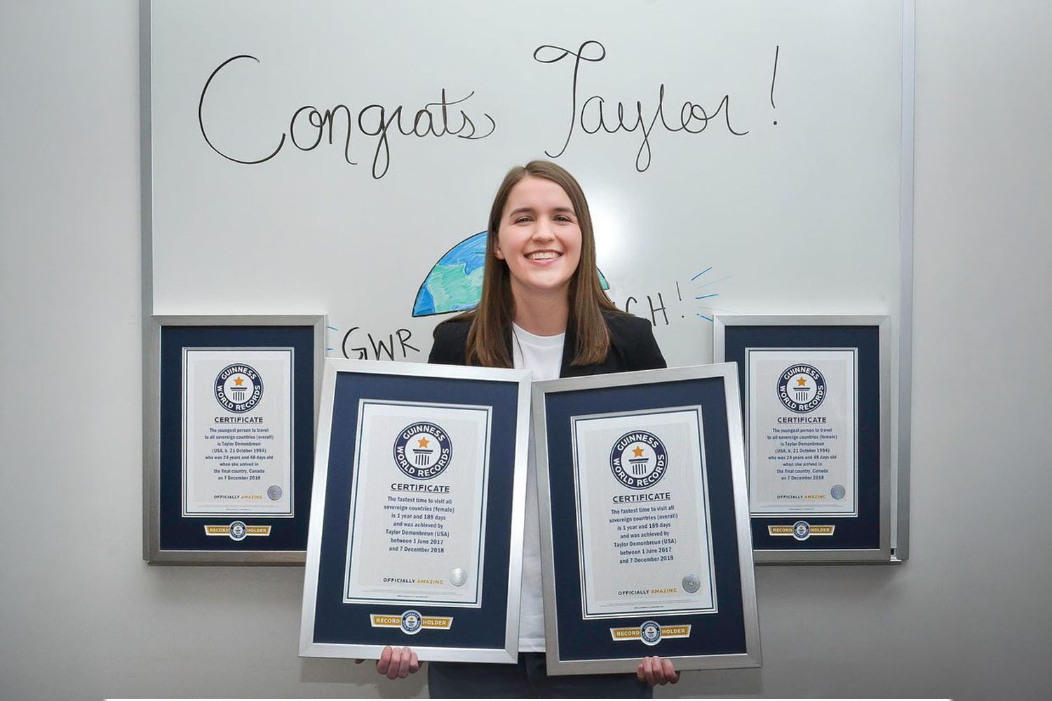 Demonbreun and her family in New York to receive her Guinness World Record. She ended her epic journey of traveling the world in Canada. The photo was taken from Demonbreun’s Instagram.