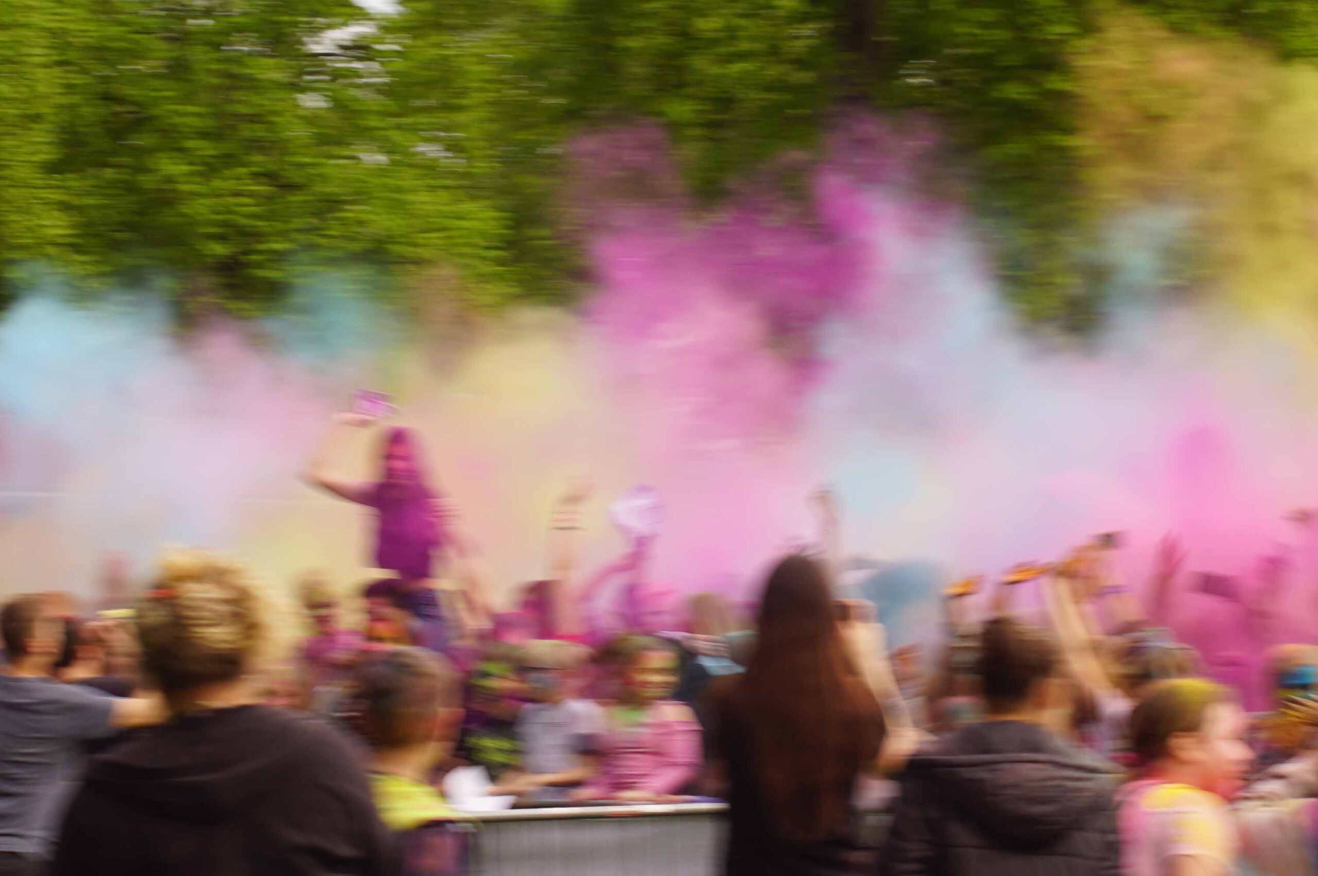 Crowd throwing colored powder during an outdoor festival.