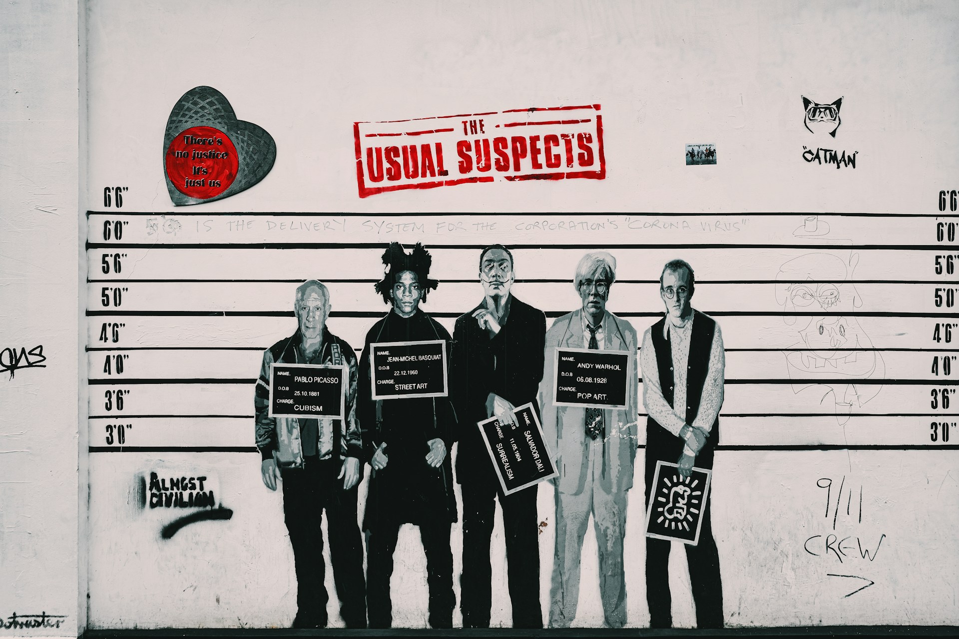 Graffiti mugshot line-up of famous classic artists.