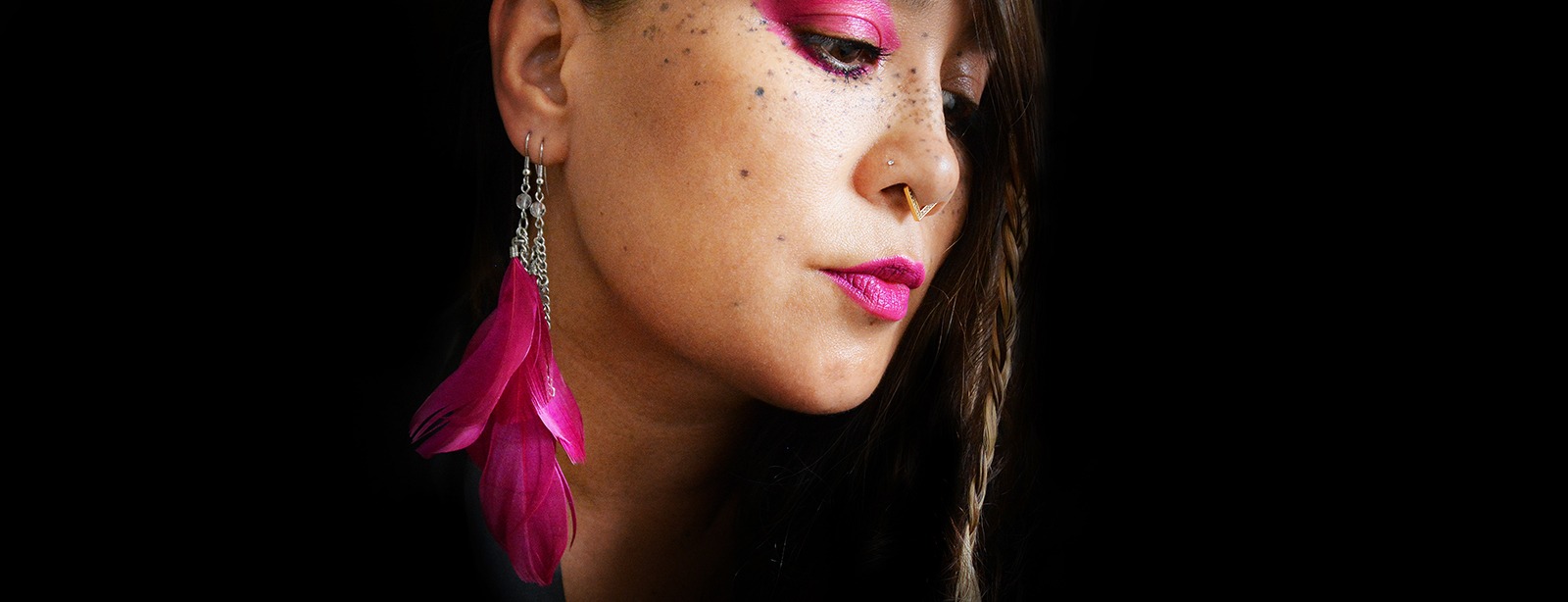 Dramatic black and white closeup of a woman.
