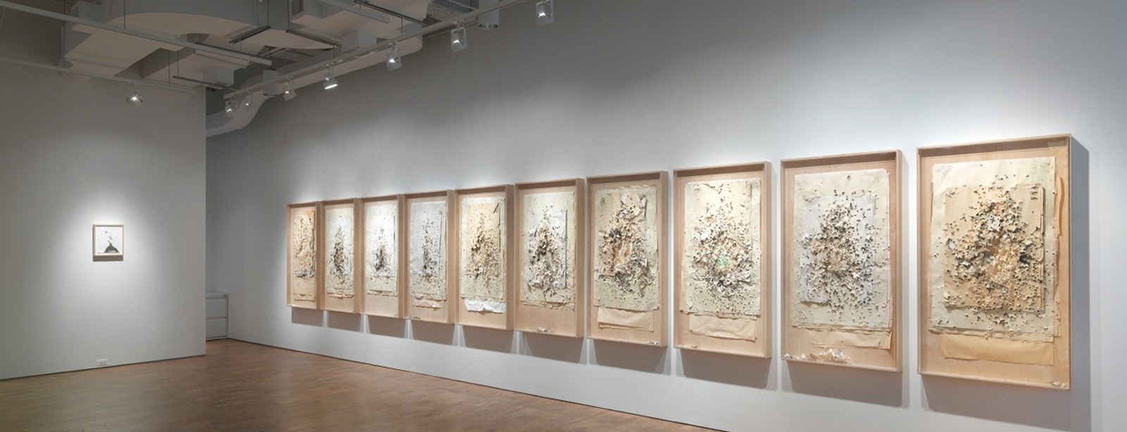 Minimalist gallery exhibiting a row of textured art.