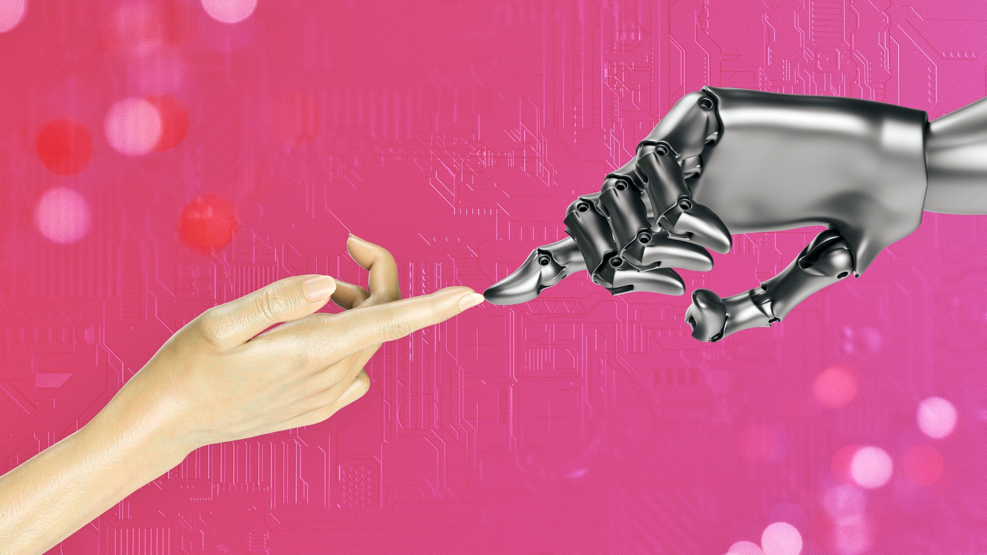 Robot hand touching a human hand pink background