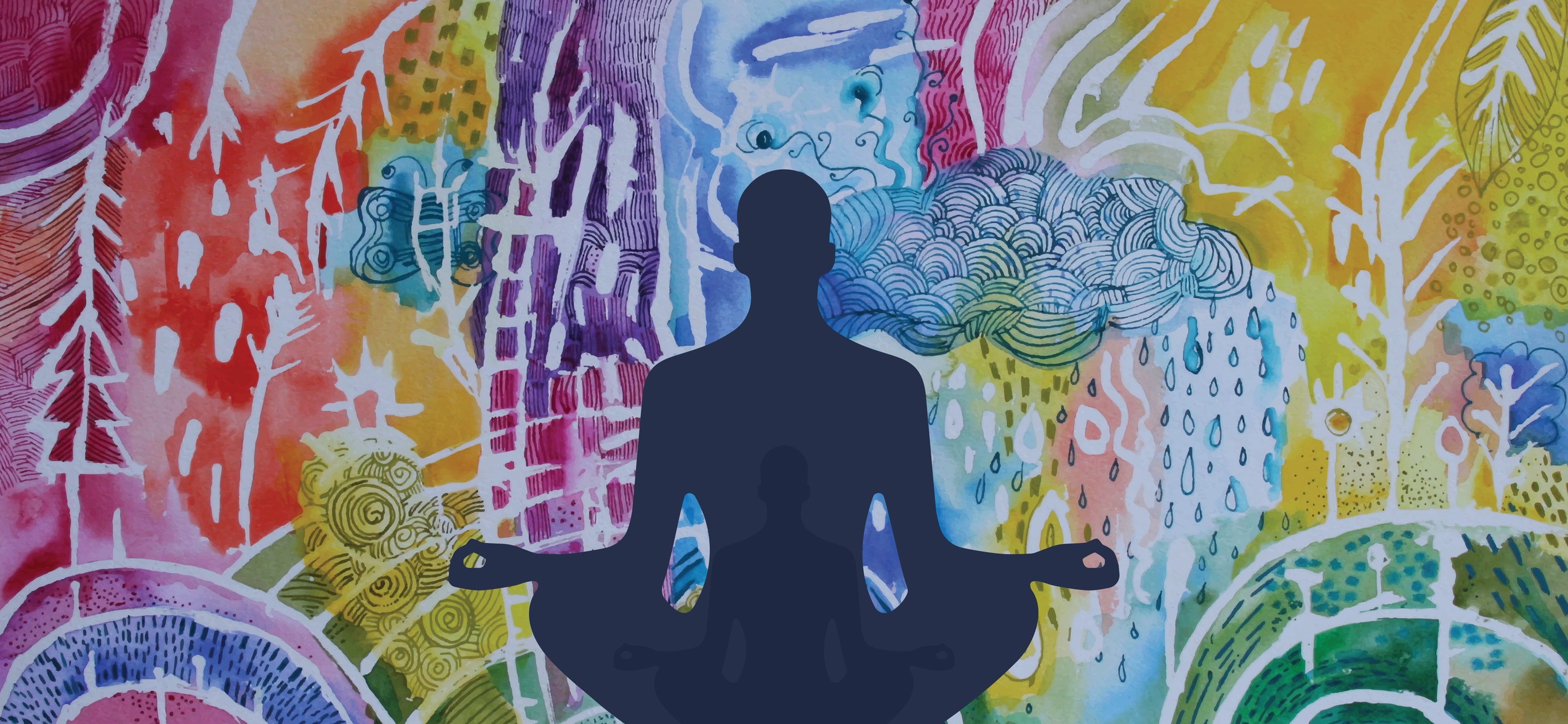 Person meditating silhouette against vibrant abstract backdrop.