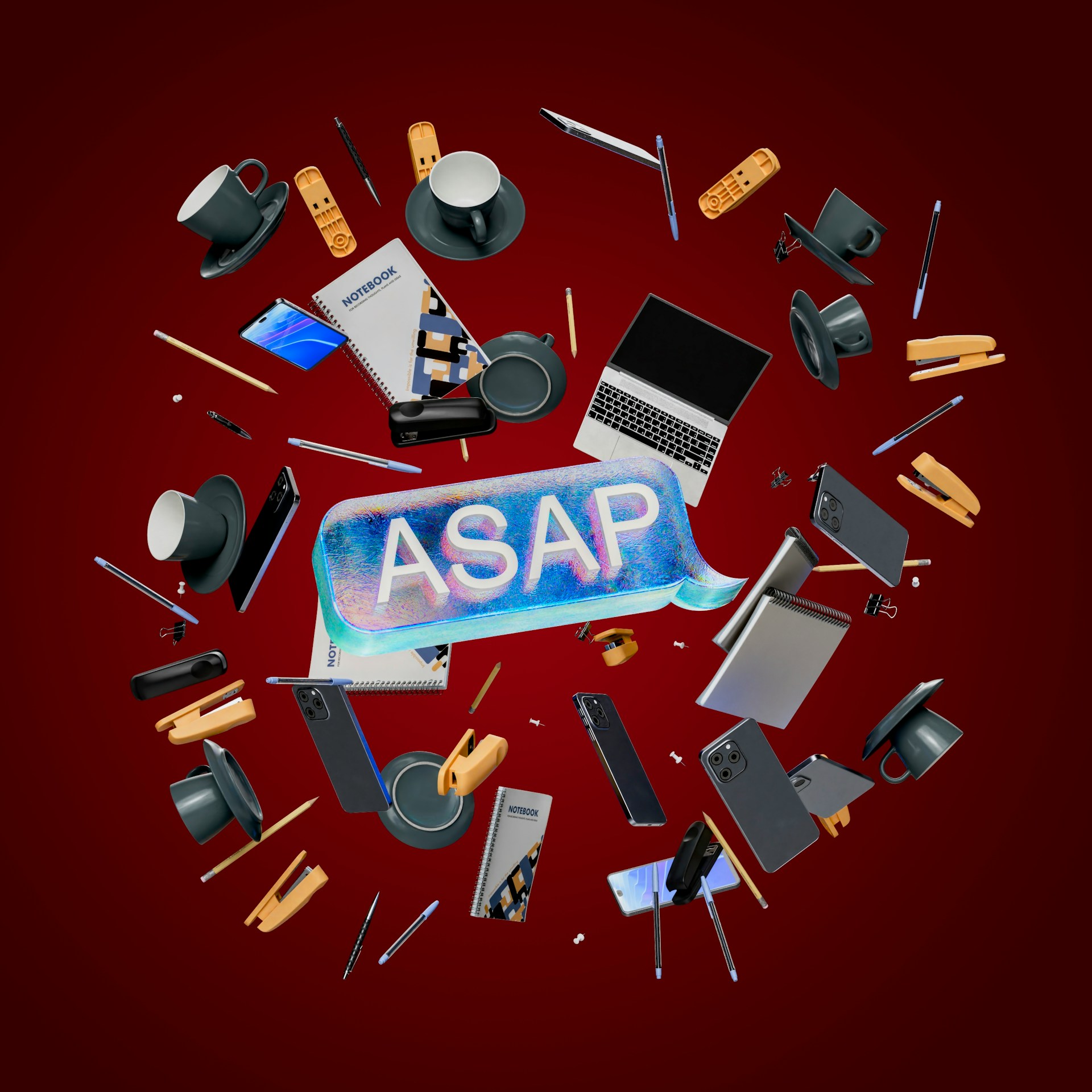 Office supplies floating around "ASAP" speech bubble.