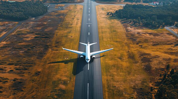 Airliner taking off from a long asphalt runway.