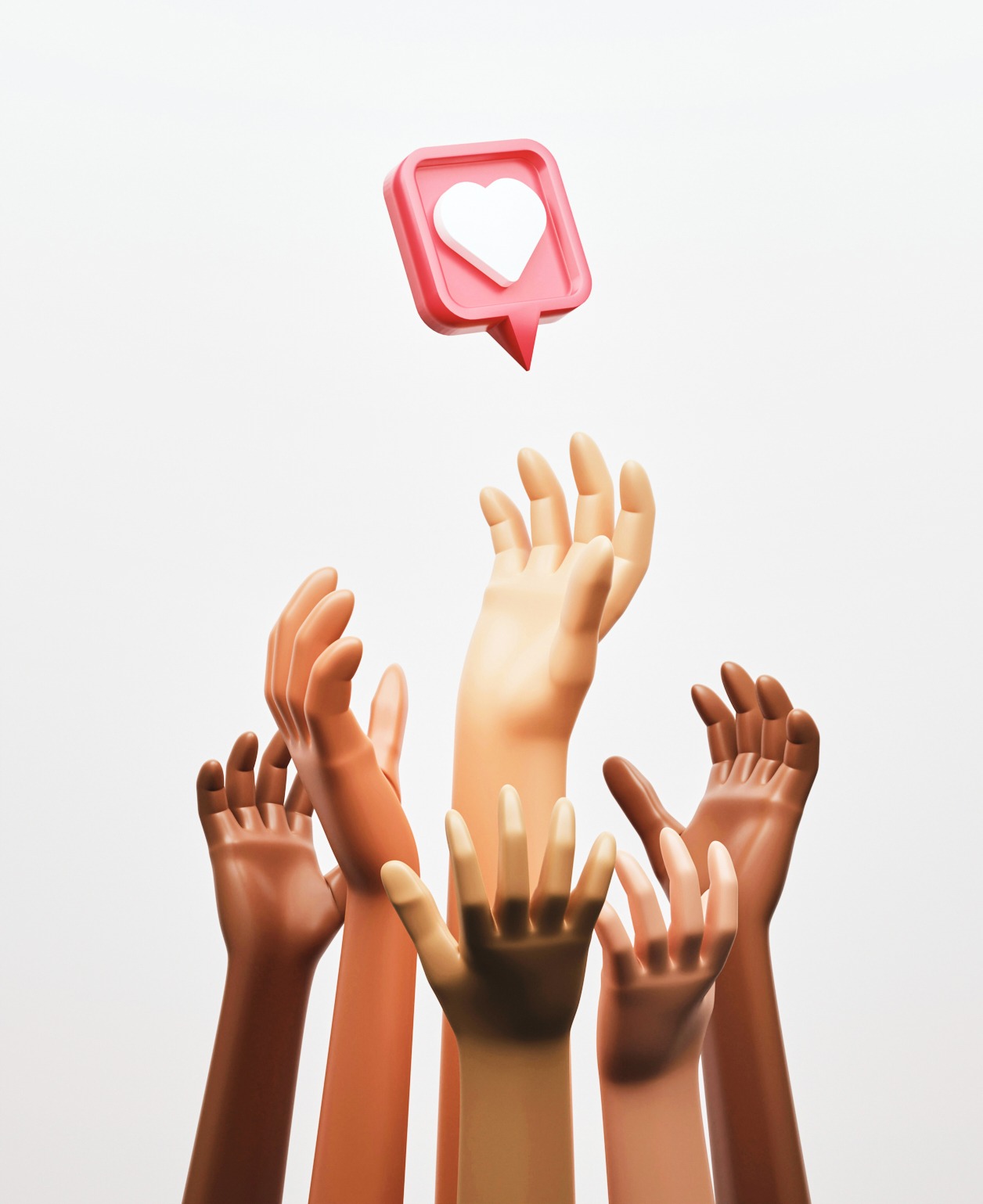 Hands reaching for a floating social media heart