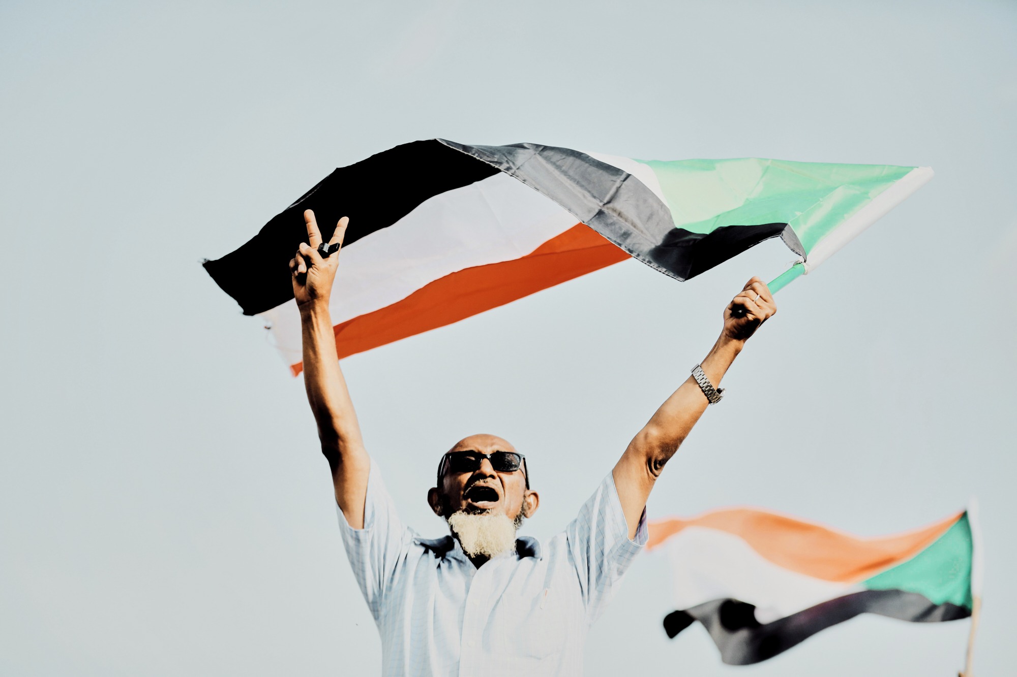 Man triumphantly holding Sudanese flag aloft outdoors