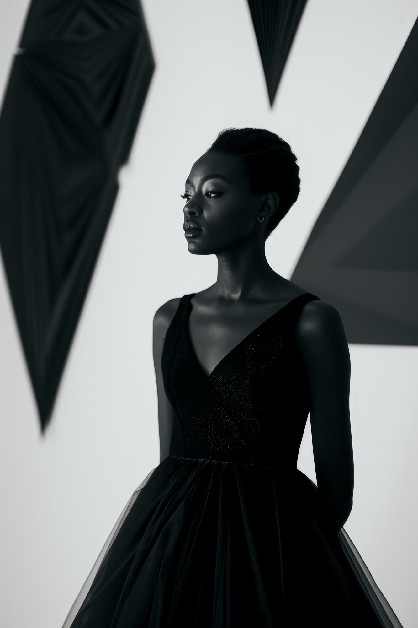 Striking monochrome portrait of a woman in black