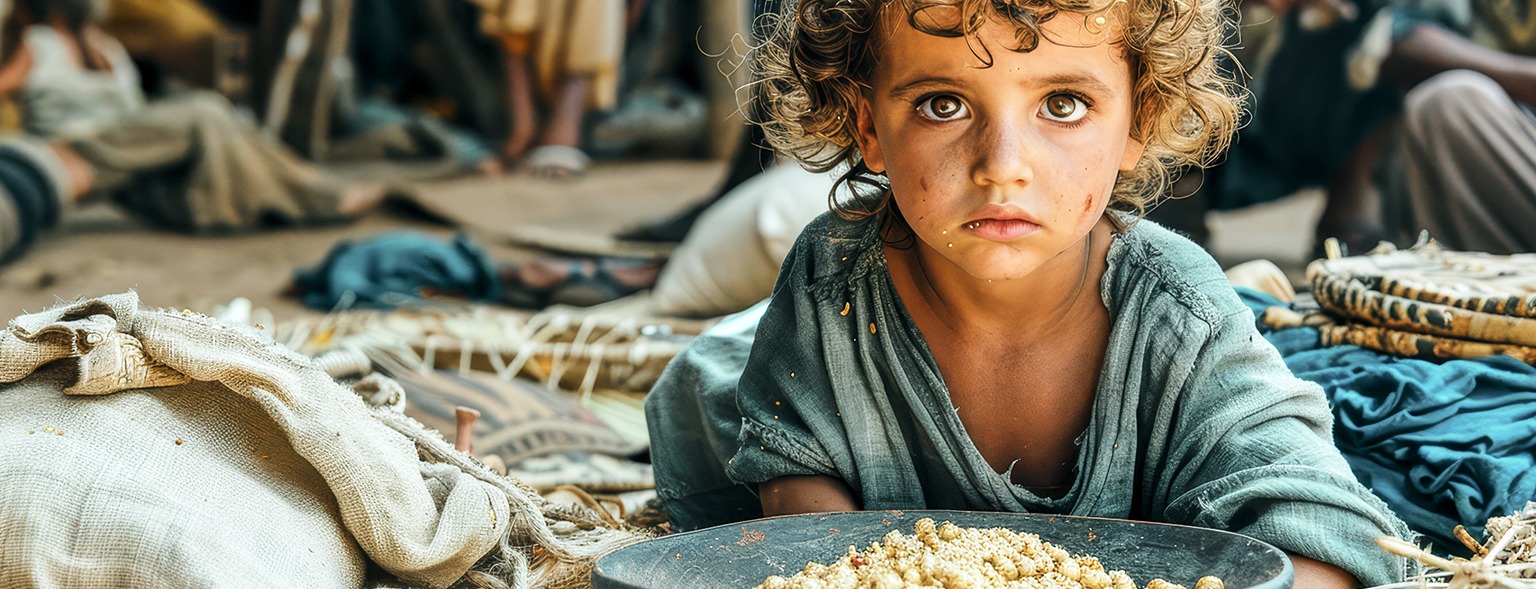 Small child with curly hair sitting alone eating