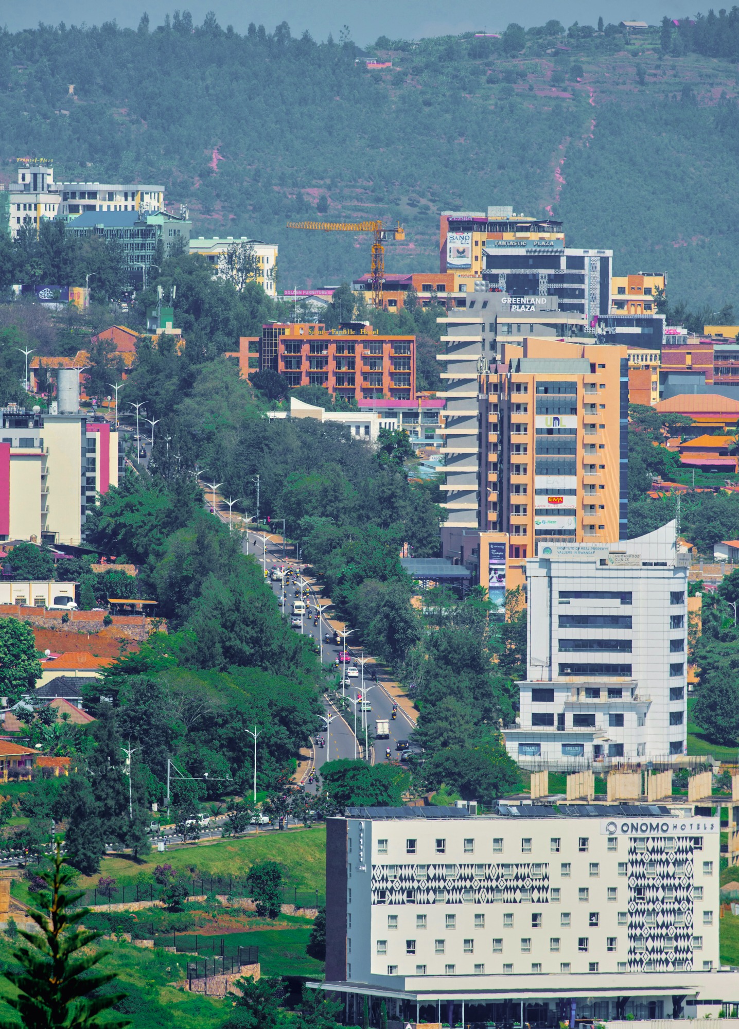 Dense city buildings nestled in green hills
